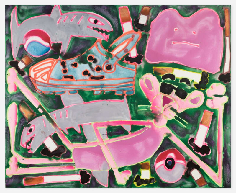 Katherine Bernhardt, Shark Attack, 2022. Acrylic and spray paint on canvas. 96 x 120 in. Courtesy of the artist and Canada, New York. Photo by Joe DeNardo.