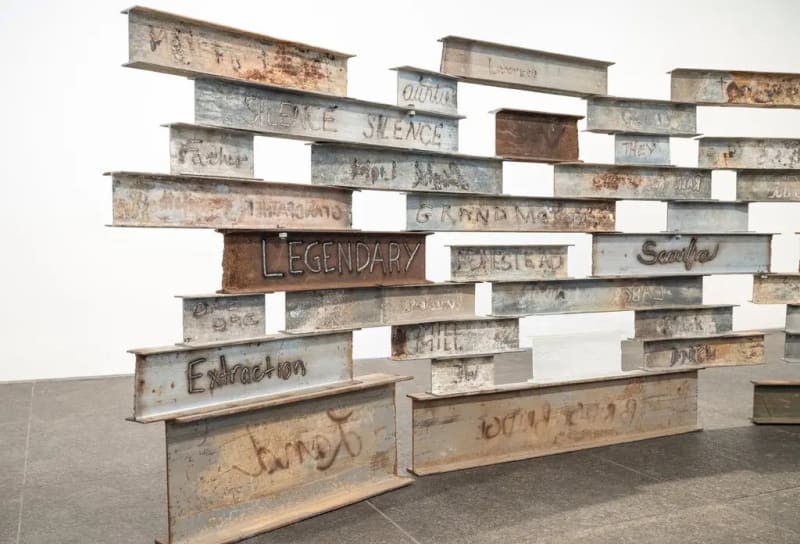 Marie Watts’s “Land Stitches Water Sky,” on view at the Carnegie Museum of Art until Sept. 22, pays homage to the Pittsburgh region’s once-robust steel and glass industries. Credit...Marie Watt; Carnegie Museum of Art/Zachary Riggleman