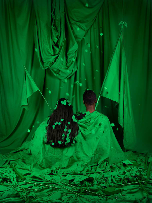 Stephanie Syjuco, Chromakey Aftermath (Standard Bearers), 2019. Courtesy the artist and Catharine Clark Gallery