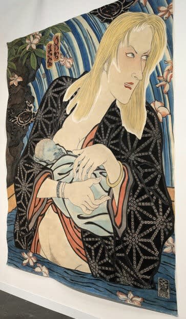 Masami Teraoka, “AIDS Series/Mother and Child,” 1990, watercolor on unstretched canvas, 108 x 84 inches, Catharine Clark Gallery.