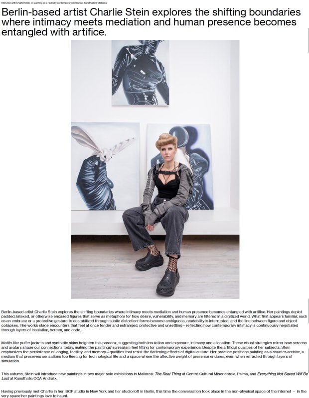 Numéro Berlin — Interview with Philip Spradley, Philp Spradley interviewing Charlie Stein about her two major solo exhibitions in Mallorca:...