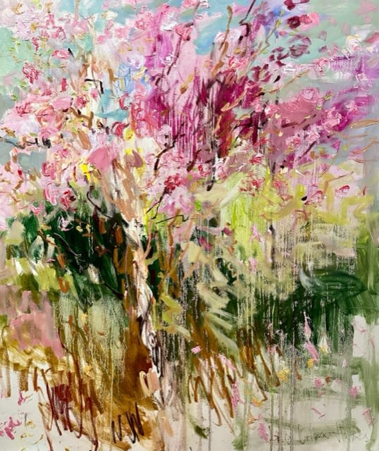 Original painting. 120x100cm. oil on canvas. 2023. Large expressive and gestural semi-abstract painting. Spring blossoms, fresh grass, some blue skies and birds are singing.