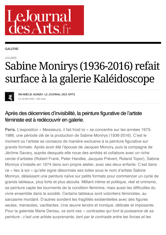 Le Journal des Arts, Sabine Monirys (1936-2016) refait surface à la galerie Kaléidoscope