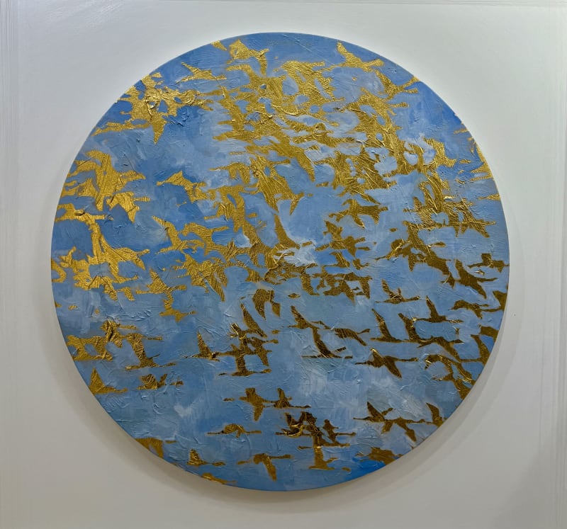 gold flamingoes in flight on blue background by Jeremy Houghton