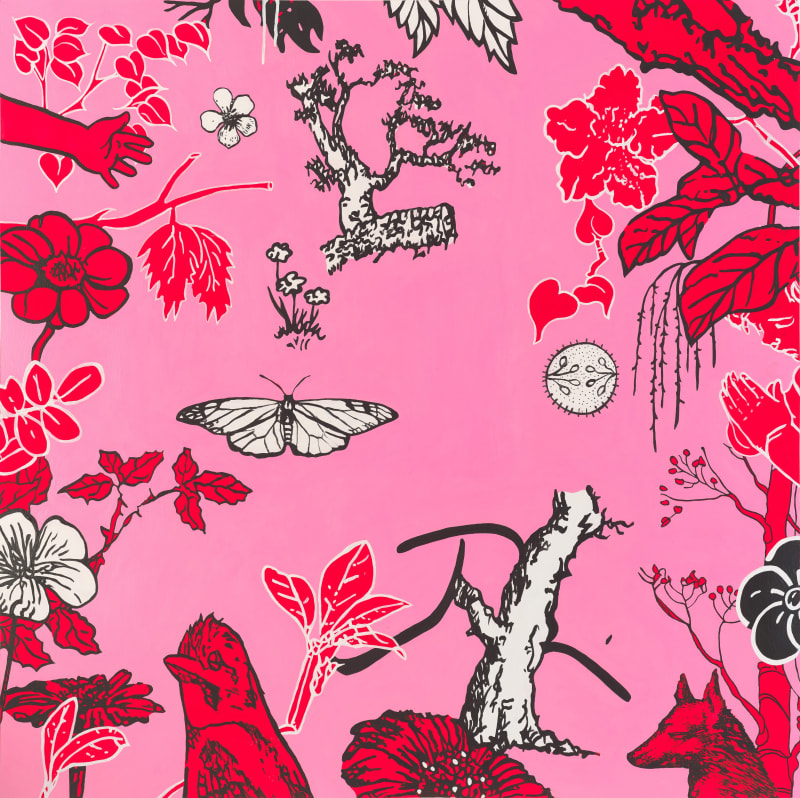 painting with bright pink background and symbols of nature such as butterflies, trees and animals by Dan Baldwin