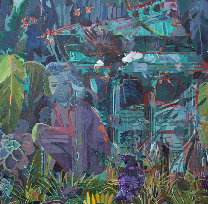 girl crouching in jungle setting with ancient ruins in background