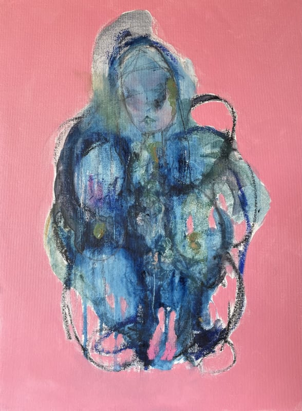 Abstract figurative painting of female figure on pink background by Gillian Gambold.
