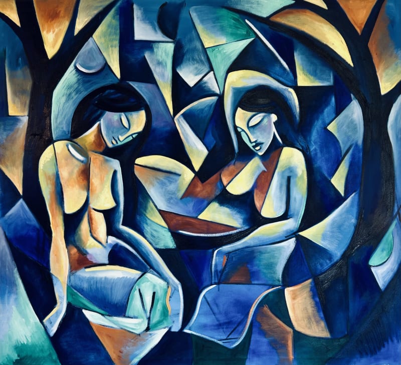 Painting of two female figures sitting together in contemplation in cubist style by Max Hembrow.
