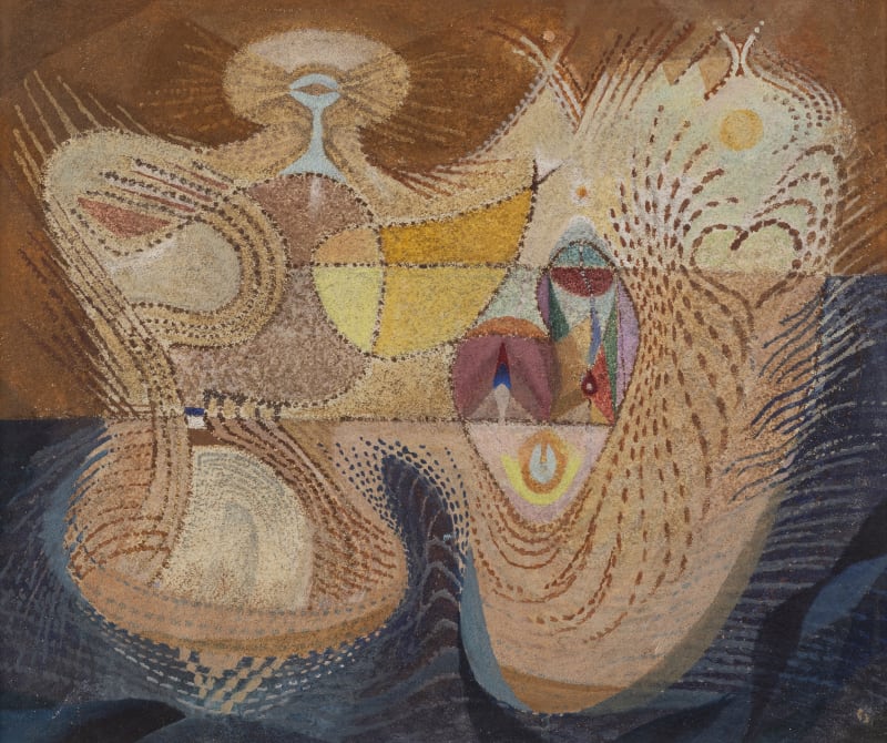 Marie Wilson, "Angel Stretching its Wing," 1952-54. Oil and sand on laminated paperboard. 18 1/2 x 22 1/8 inches / 47 x 56 cm. Courtesy of Gallery Wendi Norris, San Francisco © 2026 Estate of Marie Wilson