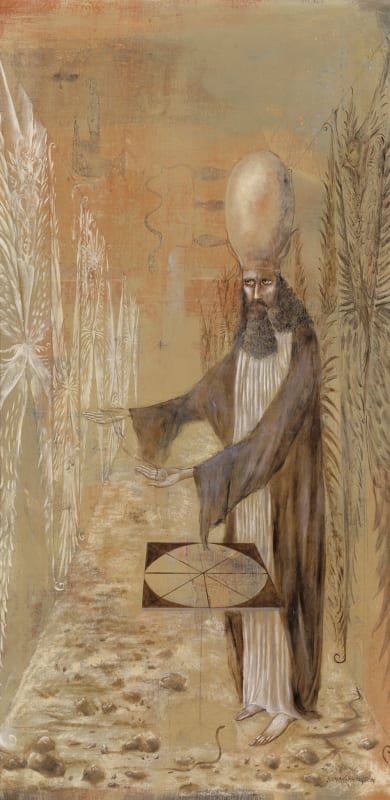 Leonora Carrington, Heirophante, Pour Dauphine, 1958, Oil on canvas, 38.5 x 19 inches (98 x 49 cm), © 2020 Estate of Leonora Carrington / Artists Rights Society (ARS), New York