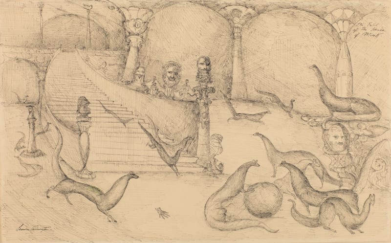 Leonora Carrington, The Fall of the House of Mink, 1956. Ink on paper, 31 × 51 cm. Courtesy: Gallery Wendi Norris, San Francisco