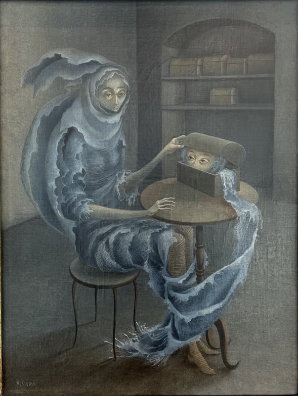 Remedios Varo, Encuentro, 1959, oil on canvas, 15.75 x 11.75 in / 40.01 x 29.85 cm.