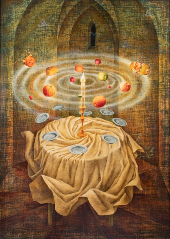 Remedios Varo, Naturaleza muerta resucitando, 1963, oil on canvas, 43.24 x 31.51 in / 109.83 x 80.04 cm.