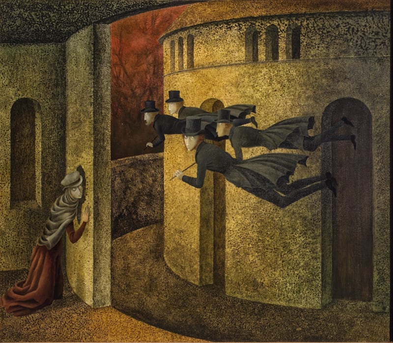 Remedios Varo, Banqueros en acción, 1962, oil on masonite, 24 x 27.5 in / 60.96 x 69.85 cm.