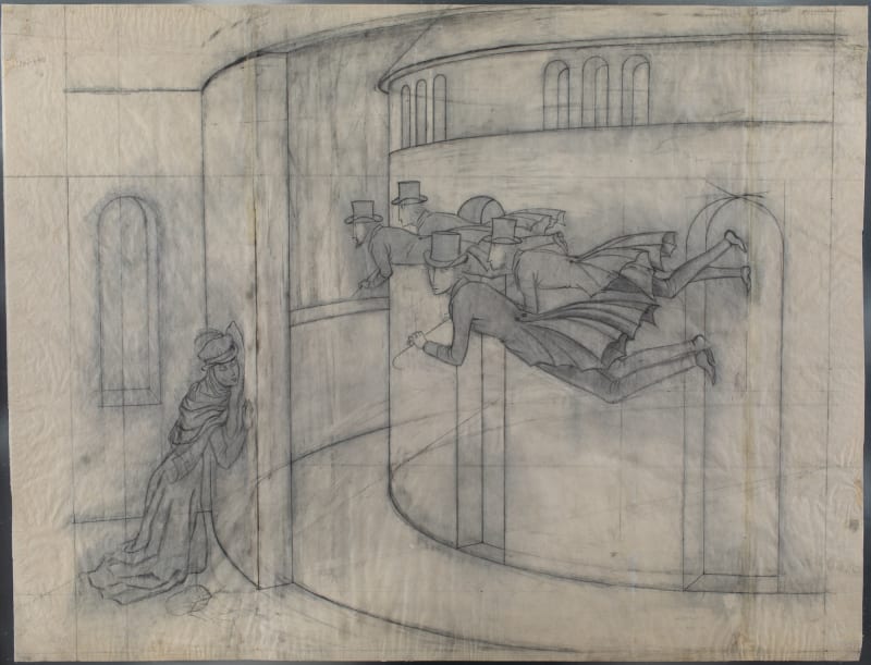 Remedios Varo, Banqueros en acción (drawing), 1962, pencil on paper, 23.5 x 31 in / 59.69 x 78.74 cm.