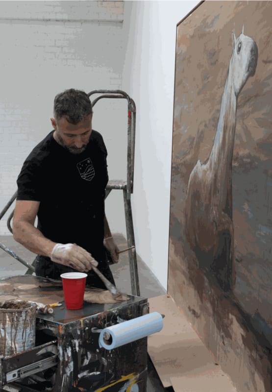 Martínez Celaya working in his Los Angeles studio, 2023.