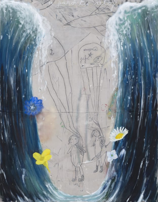 Enrique Martínez Celaya, Los paracaidistas (The Parachuters), 2024, oil, wax, and charcoal on canvas, 118 × 92″.