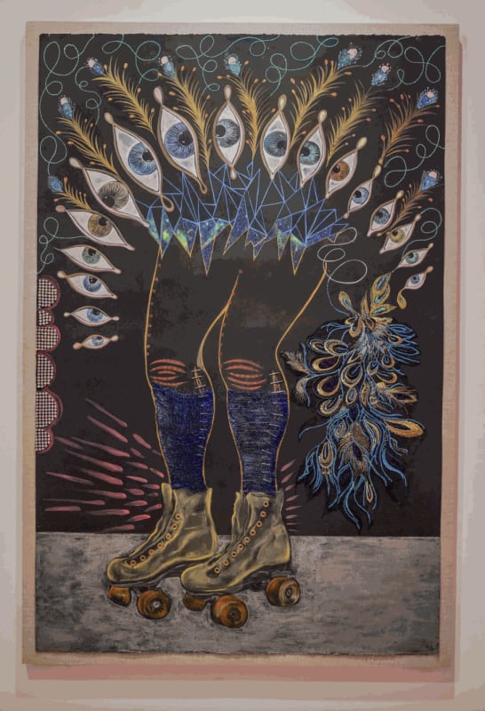 Chitra Ganesh, “Roller Skates” (2024), acrylic, chalk, textile, brass hardware, and embroidery on paper mounted on linen, 60 x 40 inches (152.4 x 101.6 cm). Photo: Julie Schneider/Hyperallergic.