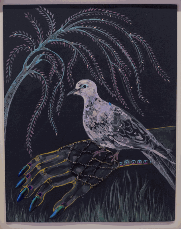 Chitra Ganesh, “Mourning Dove” (2024), acrylic, beetle wings, and metal chain on paper, 14 x 11 inches (35.56 x 27.94 cm). Photo: Julie Schneider/Hyperallergic.