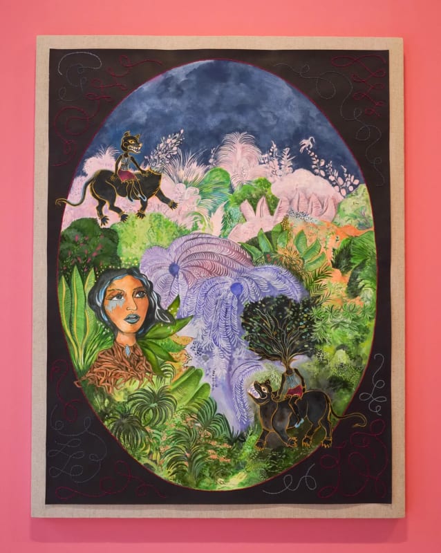 Chitra Ganesh, “In Media Res” (2024), acrylic, watercolor, embroidery on paper mounted on linen, 40 x 30 inches (101.6 x 76.2 cm). Photo: Julie Schneider/Hyperallergic.