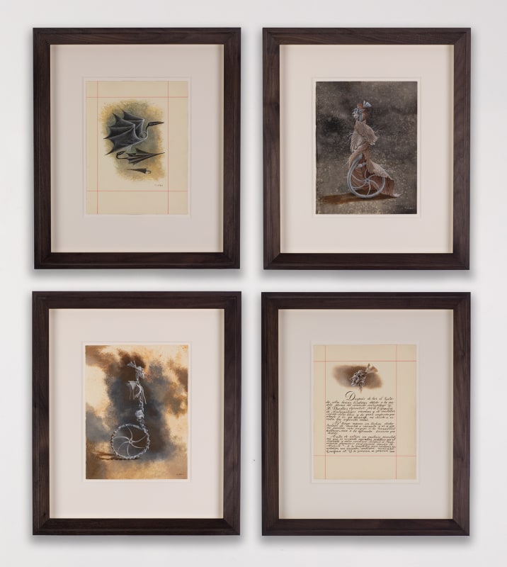 Remedios Varo, from ‘De Homo Rodans - Pterodáctilo’, Animal fantástico, Cabeza de Homo Rodans, Homo Rodans, each 1959 © 2022 Artists Rights Society (ARS).