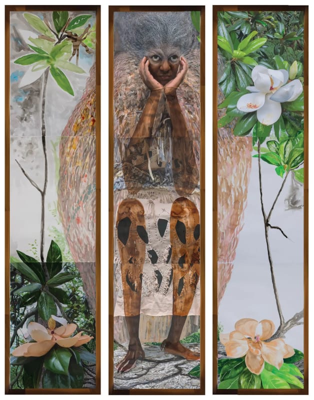 “Secrets of the Magnolia Tree” (2021), which blends watercolors and photomontage, shows the artist as a half-owl figure amid the flora of Tennessee, where she has lived since 2017.