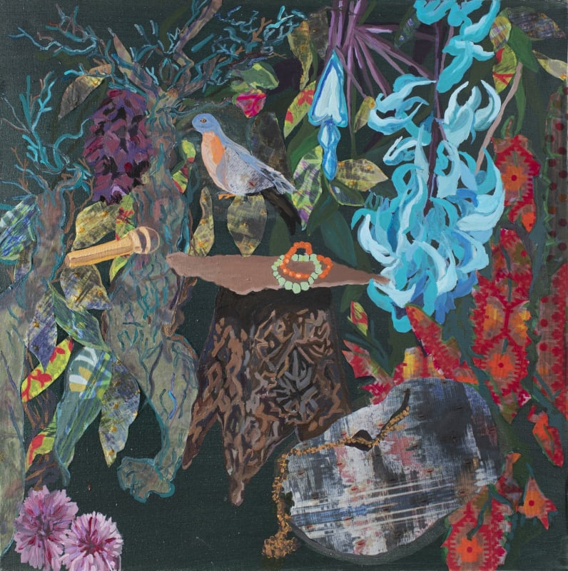 Ranu Mukherjee, lair (for Martha and friends), 2022, pigment and UV inkjet print on silk and cotton sari cloth on linen, Chapman University, Orange, CA