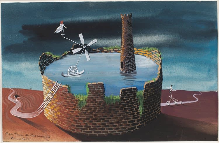 Remedios Varo, La torre, 1947, gouache on paper, Museum of Modern Art, NY, purchased by the Committee on Drawings and Prints Fund