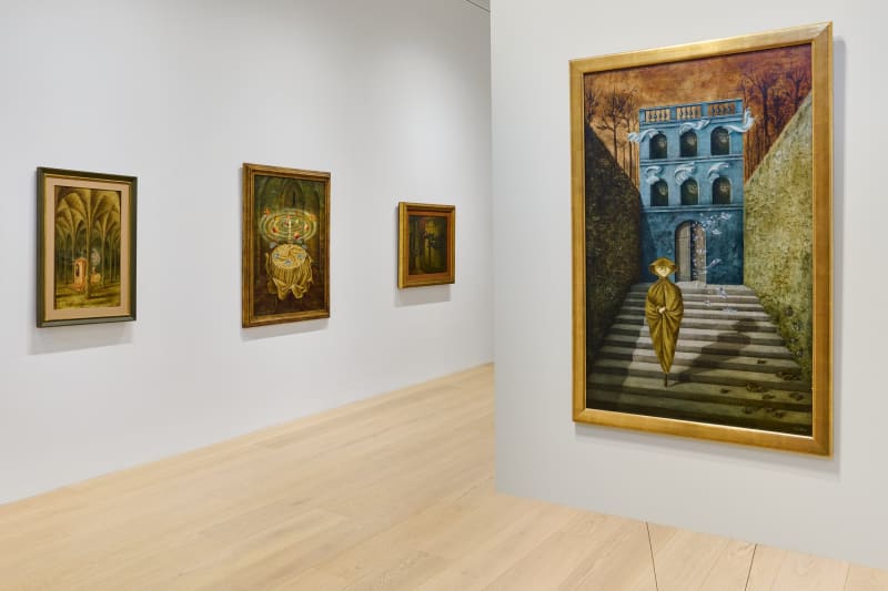 Installation view of Remedios Varo: Encuentros, at Gallery Wendi Norris with 'Ruptura,' 1955 at right. (Photo by Glen Cheriton, Impart Photography)