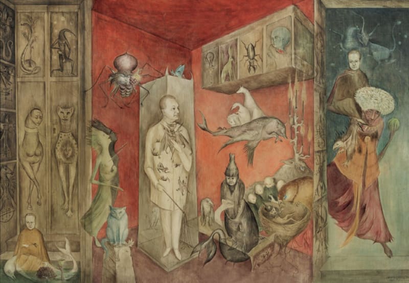 Leonora Carrington, Transference, 1963, oil on hardboard, 22 1⁄2 × 40 1⁄2". © Estate of Leonora Carrington/Artists Rights Society (ARS), New York.