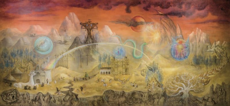 Leonora Carrington, El mundo mágico de los mayas (The Magical World of the Mayans), 1963–64, casein tempera on panel, 6' 6 3⁄4" × 14' 1 3⁄4". © Estate of Leonora Carrington/Artists Rights Society (ARS), New York.