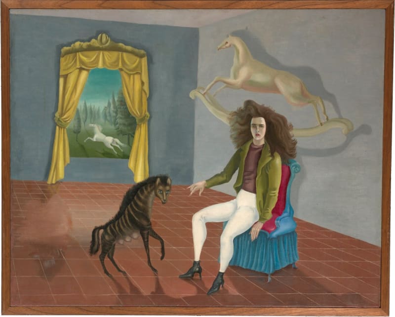 “Self-Portrait (Inn of the Dawn Horse)” (1938), Carrington’s first major painting, completed while she was living in France with Ernst.Art work from © 2020 Estate of Leonora Carrington / Artists Rights Society (ARS), New York. Photo: © the Metropolitan Museum of Art / Art Resource, NY