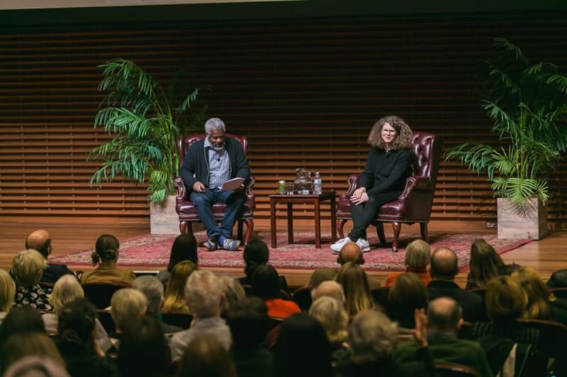 Dana Schutz in conversation with Hamza Walker for The Komal Shah and Gaurav Garg Artist Conversation Series at Stanford University, 2019. Photo by Drew Altizer. Courtesy of Stanford University and Komal Shah.