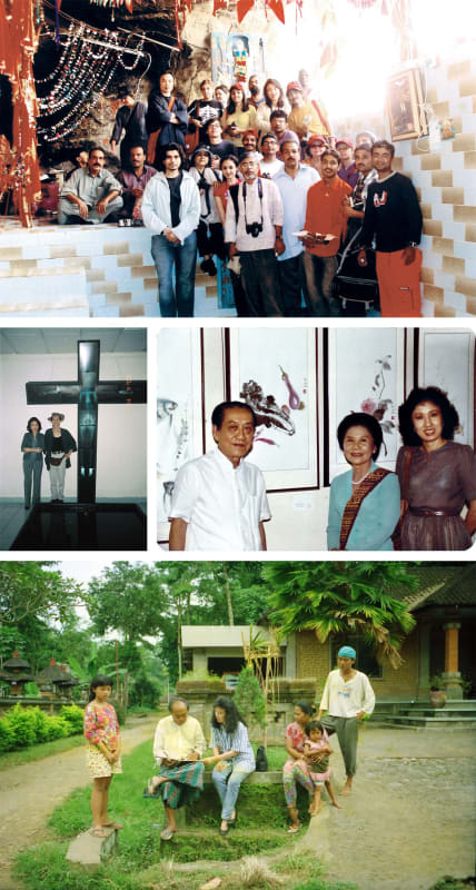 Top: Melani Setiawan with artists at 2nd Vasl International Artists’ Workshop in Gadani, Pakistan, 2006. Courtesy of Melani Setiawan. Center left: Melani Setiawan with Jerry Thung in Jakarta, 2002. Courtesy of Melani Setiawan. Center right: Melani Setiawan with K. Sulindro (left) and Pwan Cho (center) in Jakarta, 1982. Courtesy of Melani Setiawan. Bottom: Melani Setiawan with Ketut Liyer and daughter (left) and I Gusti Kompiang Wardana and family (right) in Bali, 1994. Courtesy of Melani Setiawan.