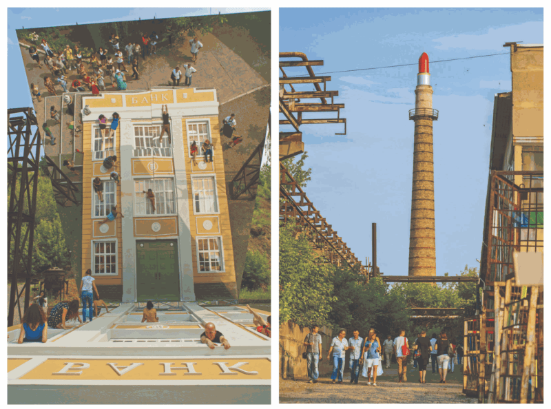 Leandro Erlich, installation view of Bank, 2012, in “Where is the Time?,” 2012. Photo by Ruslan Semichev. Courtesy of IZOLYATSIA. Pascale Marthine Tayou, installation view of Make up... Peace!, 2012, in “Where is the Time?,” 2012. Photo by Ruslan Semichev. Courtesy of IZOLYATSIA.