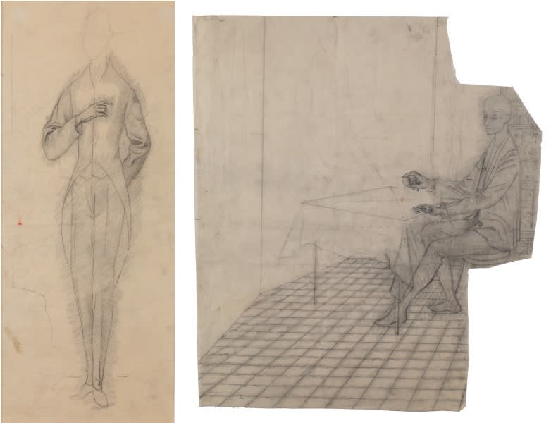 Left: Remedios Varo - Study for Tailleur pour dames, c. 1957. Courtesy of Gallery Wendi Norris, San Francisco / Right: Remedios Varo - Study for Armonía, detail, c. 1956. Courtesy of Gallery Wendi Norris, San Francisco