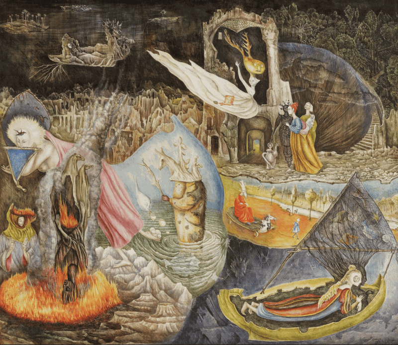 Leonora Carrington, “Les Distractions de Dagobert” (1945), egg tempera on masonite, 29 1/2 x 34 inches (image courtesy Sotheby's)