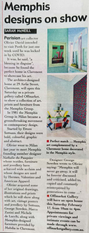 Newspaper article titled “Memphis designs on show,” announcing the opening of OFFMARKET Gallery in Claremont with its inaugural exhibition Back to Memphis Milano: A Design Revolution. The clipping includes images of colourful geometric works and Memphis-s