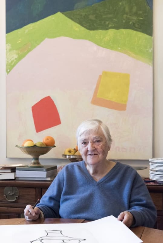 Portrait of the Lebanese-American Female artist Etel Adnan, posing in her studio in 2016