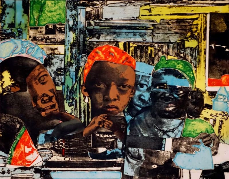 Romare Bearden, The Train, 1974. Color Aquatint Etching and Photoengraving with Hand-Coloring on Paper.