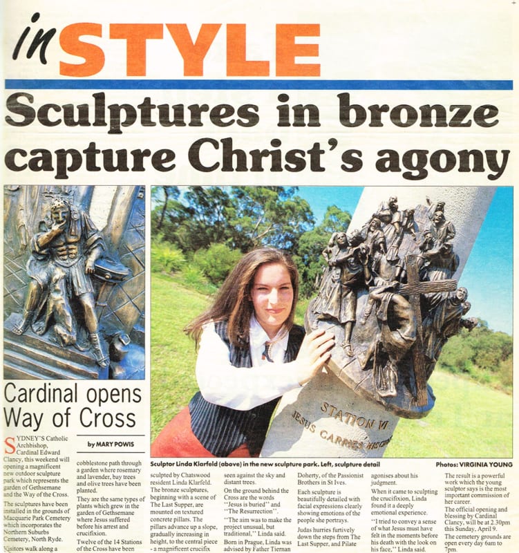 A newspaper article titled "Sculptures in bronze capture Christ’s agony" in the InStyle section. The article showcases Linda Klarfeld’s bronze sculptures for the Way of the Cross at Macquarie Park Cemetery, North Ryde. A prominent photo features Klarfeld
