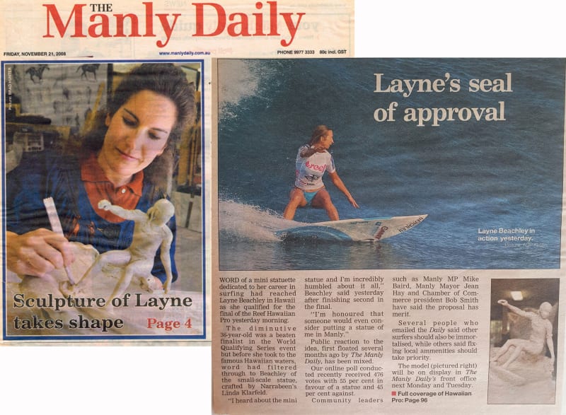 A composite image from The Manly Daily on November 21, 2008. The left image shows sculptor Linda Klarfeld working on a small-scale statuette of surfer Layne Beachley, delicately shaping the figure in her studio. The right image features Layne Beachley in