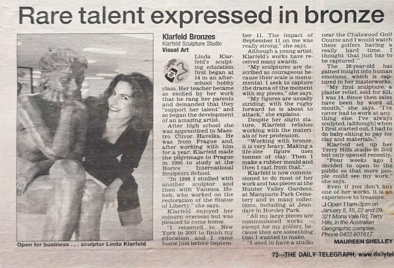 Newspaper article titled "Rare talent expressed in bronze" from The Daily Telegraph. The feature highlights Linda Klarfeld, a sculptor known for her expressive figurative works, posing next to one of her bronze sculptures. The article discusses her early