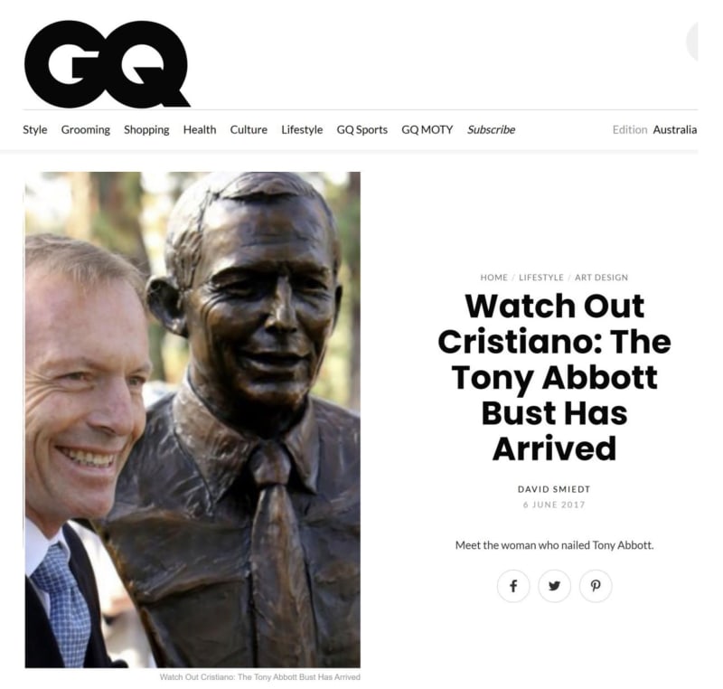 A screenshot of a GQ Australia article titled "Watch Out Cristiano: The Tony Abbott Bust Has Arrived," written by David Smiedt and published on June 6, 2017. The article features a bronze bust of former Australian Prime Minister Tony Abbott, sculpted by L