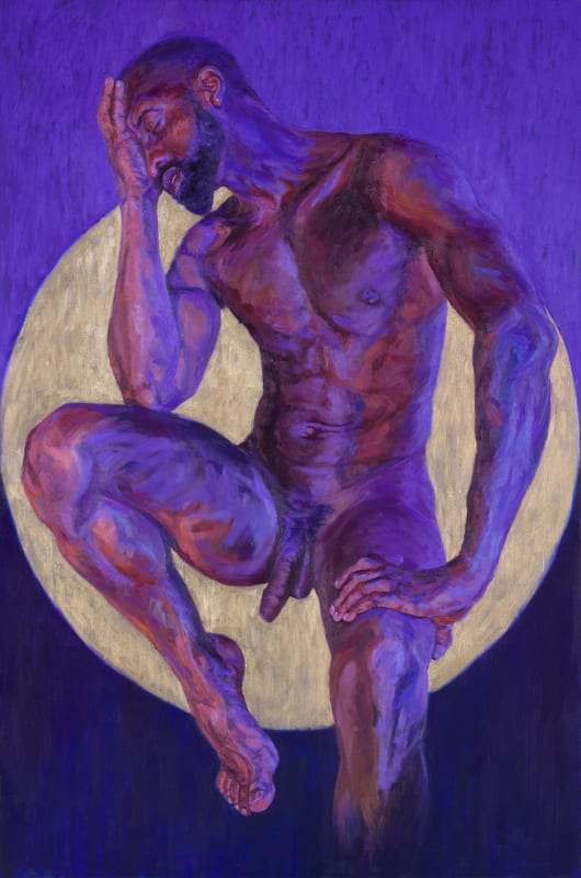 oil painting in violet and purple of nude man with head in his hands, background of a golden circle