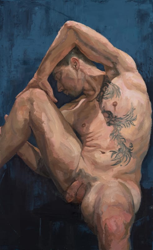 oil painting of a nude man sitting on a chair, one leg raised