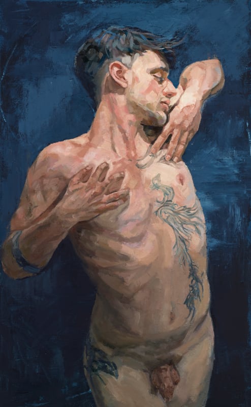 oil painting of a nude man with tattoos, stretching, elbows raised