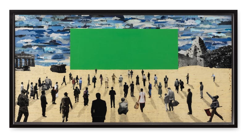 Zulkefli Jais Entering Off Screen, 2025 Collage and acrylic on plywood 62.5 x 120 cm