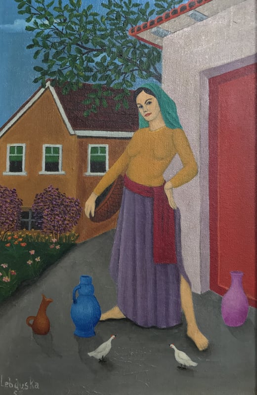 A colorful painting by Lawrence Lebduska showing a barefoot white woman standing with red, blue and pink pitchers at her feet. She wears a teal head covering, yellow longsleeve topm and purple skirt with a burgundy sash. She appears to be outside near a r