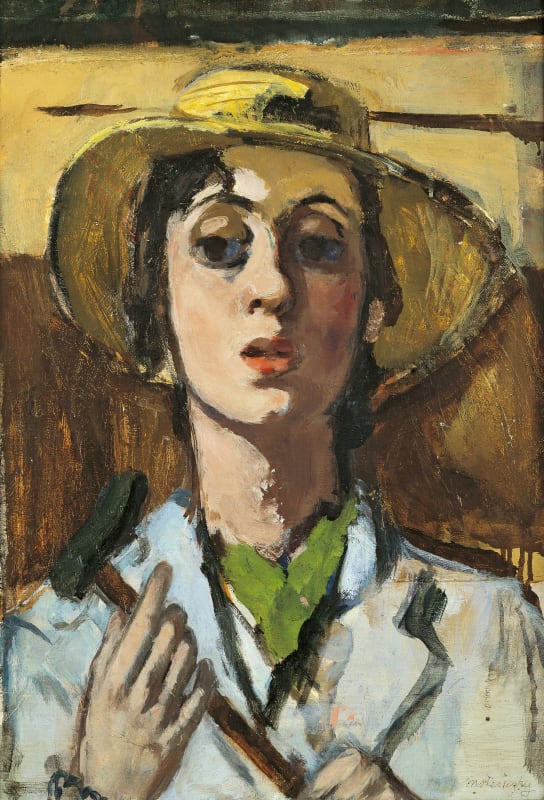 Colorful self-portrait painting by Marie-Louise Motesiczky showing the white female artist, in her early 30s, wearing a yellow brimmed straw hat atop her brunette hair and a light blue overcoat with a green shirt underneath. She holds a small mallet-type
